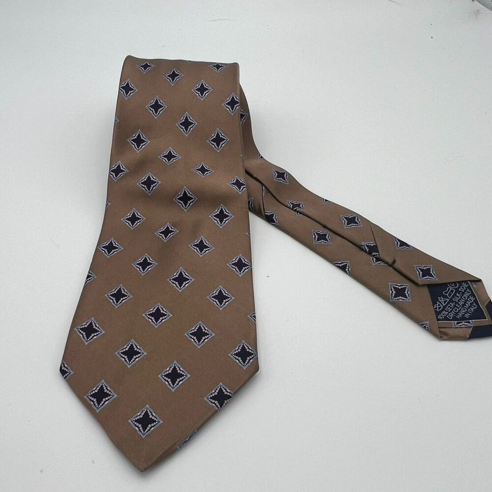 Italo Ferretti 100% Silk Necktie Mens OS Brown Blue Diamond Hand Made in Italy
